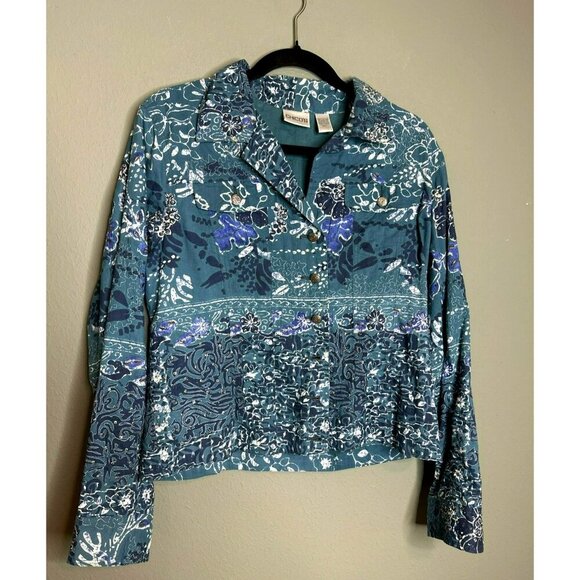 Chicos Women's 1 Teal Blue Floral Print Collared Shacket Boxy Shirt Embellished - Picture 1 of 10